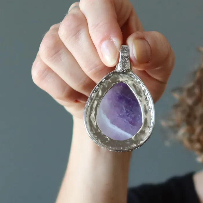 Amethyst Pendant Big Purple Teardrop Stone Silver Satin Crystals Necklaces