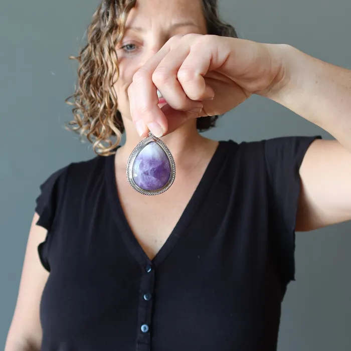 Amethyst Pendant Big Purple Teardrop Stone Silver Satin Crystals Necklaces
