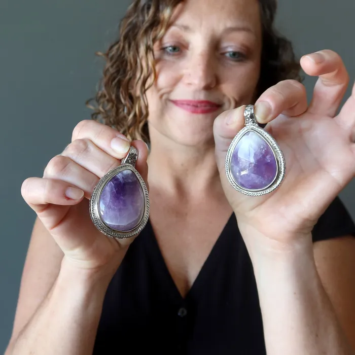 Amethyst Pendant Big Purple Teardrop Stone Silver Satin Crystals Necklaces
