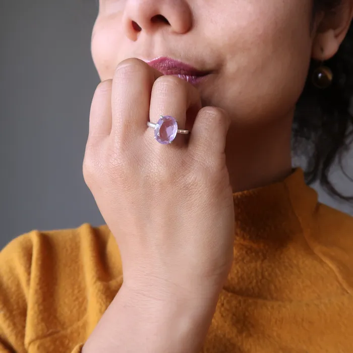 Amethyst Ring Spiritual Sparkle Sterling Silver Filled Satin Crystals Rings