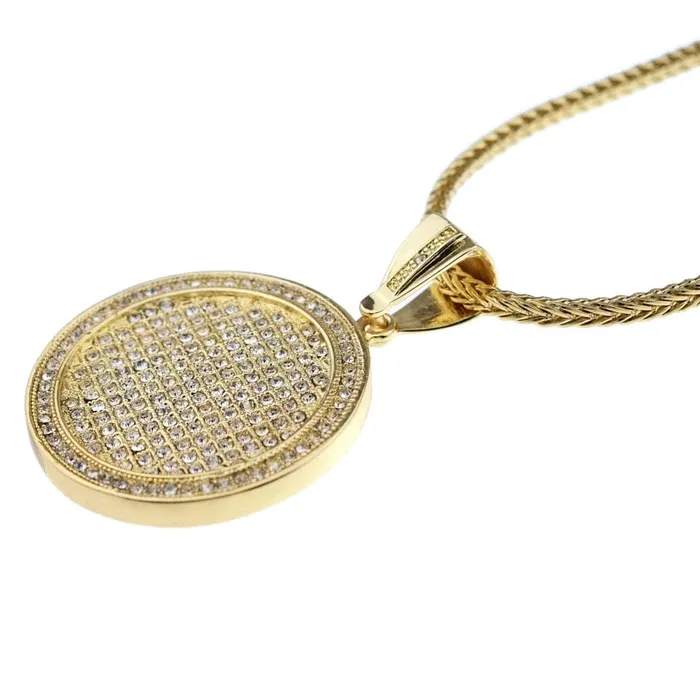 Bling Cartel Admin Necklaces Big Medallion Round Iced CZ Pendant Gold Finish Franco Chain Necklace 36