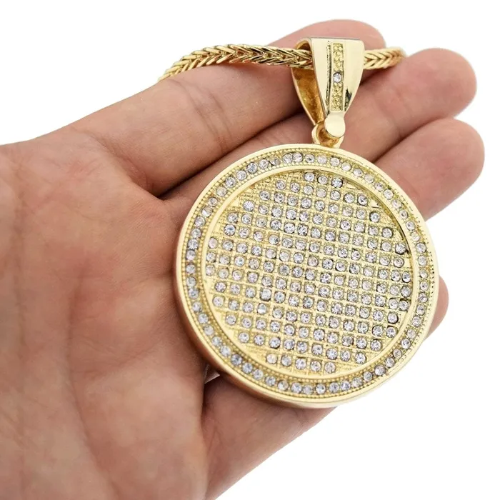 Bling Cartel Admin Necklaces Big Medallion Round Iced CZ Pendant Gold Finish Franco Chain Necklace 36