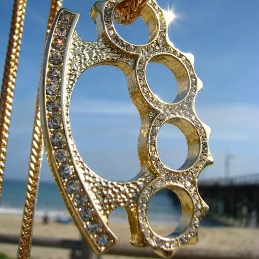 Bling Cartel Admin Necklaces Knuckles Pendant Gold Finish Franco Chain Necklace Iced Flooded Out 36