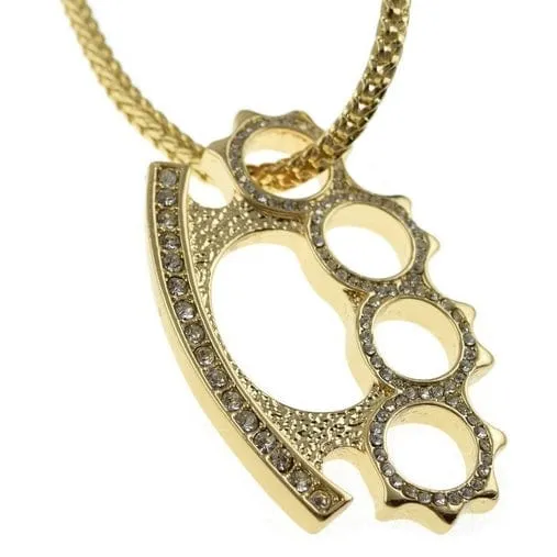 Bling Cartel Admin Necklaces Knuckles Pendant Gold Finish Franco Chain Necklace Iced Flooded Out 36