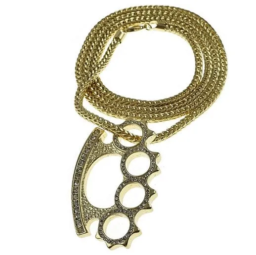 Bling Cartel Admin Necklaces Knuckles Pendant Gold Finish Franco Chain Necklace Iced Flooded Out 36