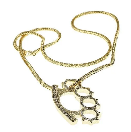 Bling Cartel Admin Necklaces Knuckles Pendant Gold Finish Franco Chain Necklace Iced Flooded Out 36