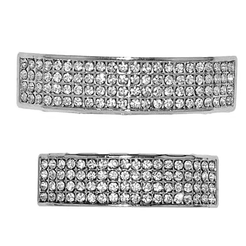 Bling Cartel Admin Rings Silver Tone Four Row Iced Teeth Grillz Set