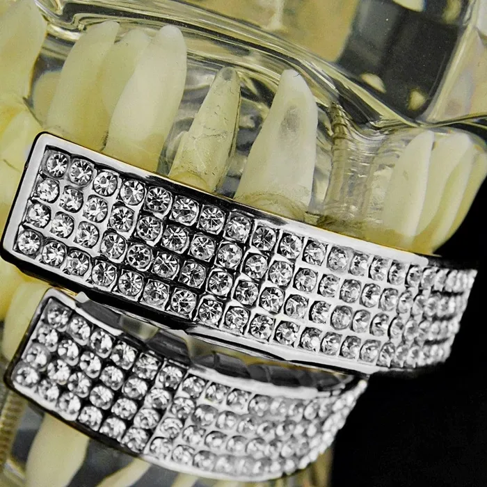 Bling Cartel Admin Rings Silver Tone Four Row Iced Teeth Grillz Set