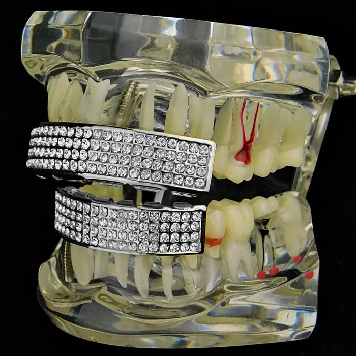Bling Cartel Admin Rings Silver Tone Four Row Iced Teeth Grillz Set