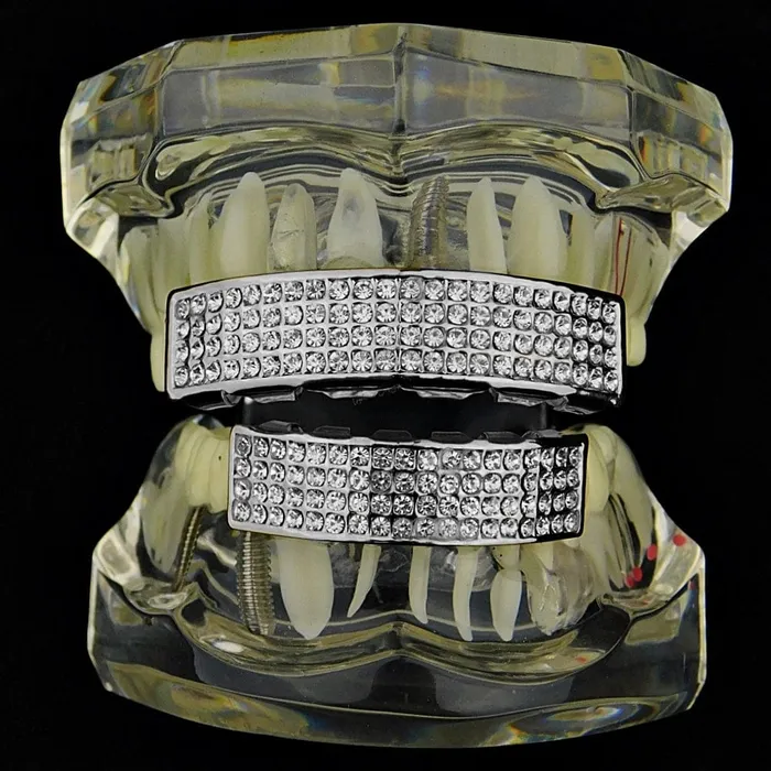 Bling Cartel Admin Rings Silver Tone Four Row Iced Teeth Grillz Set