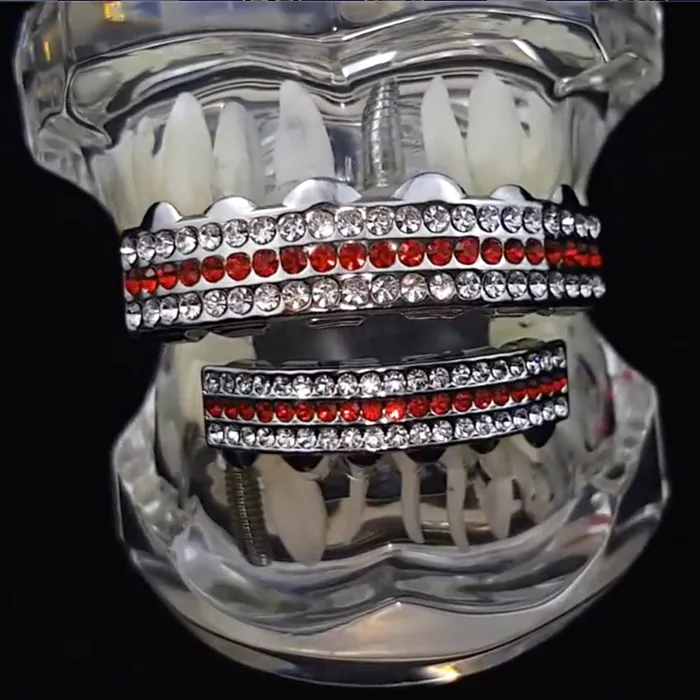 Bling Cartel Admin Rings Silver Tone Grillz Set Red Iced Flooded Out ThreeRow