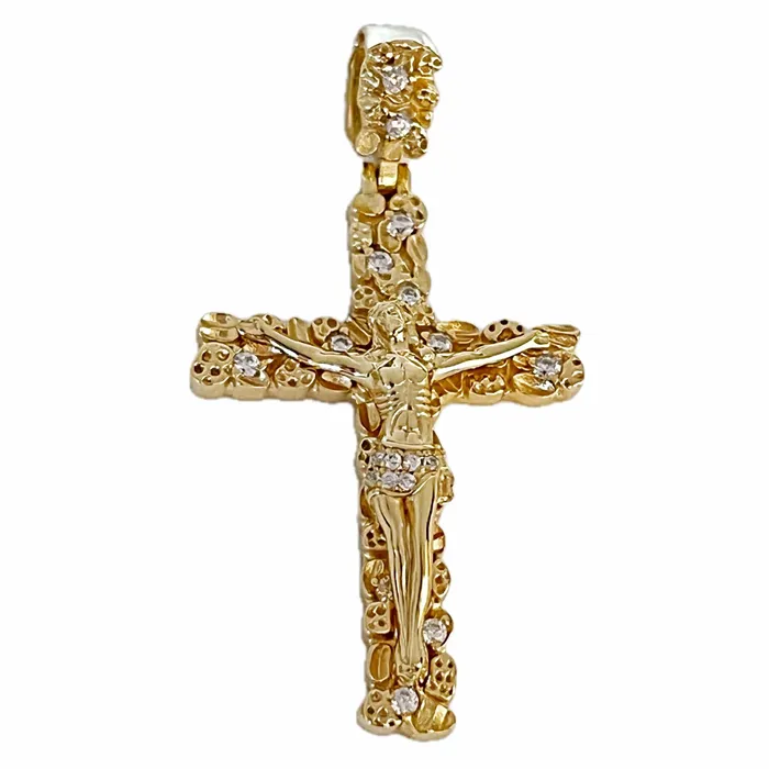Bling Cartel Necklaces 14K Gold Plated 925 Sterling Silver Nugget Jesus Crucifix Cross CZ Iced Pendant