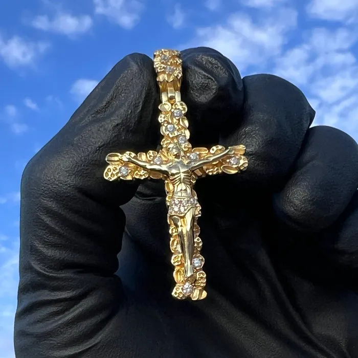 Bling Cartel Necklaces 14K Gold Plated 925 Sterling Silver Nugget Jesus Crucifix Cross CZ Iced Pendant Bling Cartel Necklaces 14K Gold Plated 925 Sterling Silver Nugget Jesus Crucifix Cross CZ Iced Pendant