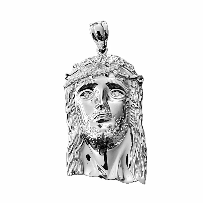 Bling Cartel Necklaces Solid 925 Sterling Silver Jesus Head Italy Pendant CZ Crown Medium 175