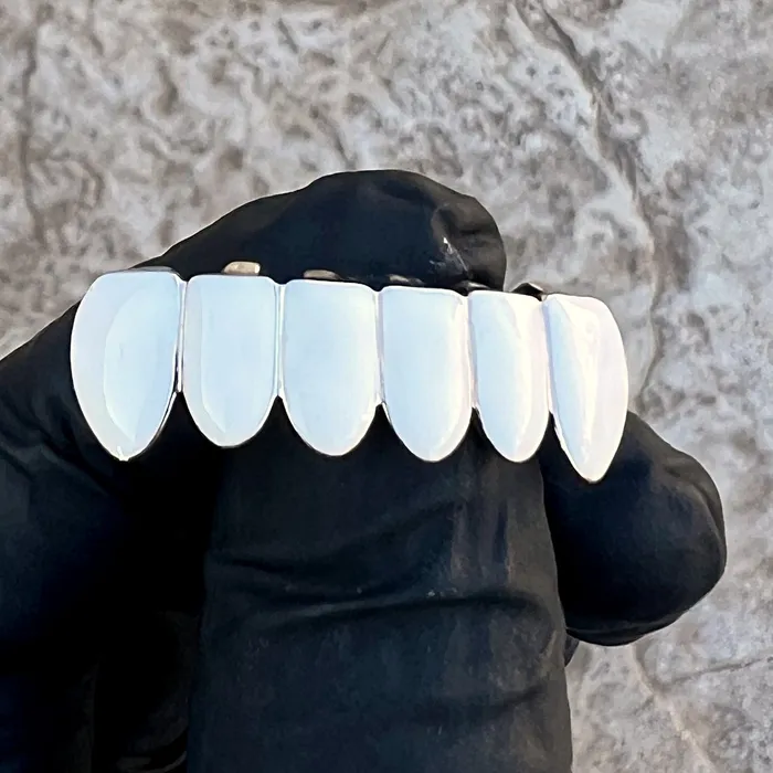 Bling Cartel Rings Real Solid 925 Sterling Silver White Enamel Bottom Six Teeth Grillz Bling Cartel Rings Real Solid 925 Sterling Silver White Enamel Bottom Six Teeth Grillz