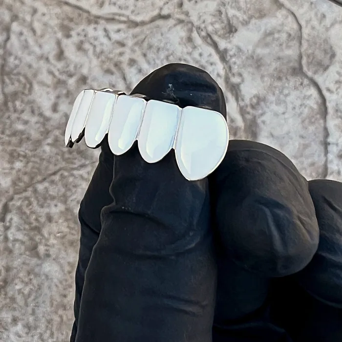 Bling Cartel Rings Real Solid 925 Sterling Silver White Enamel Bottom Six Teeth Grillz Bling Cartel Rings Real Solid 925 Sterling Silver White Enamel Bottom Six Teeth Grillz