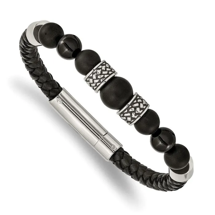 Bracelets Chisel Stainless Steel Antiqued and Polished Black Agate Leather 825in Bracelet Bracelets Chisel Stainless Steel Antiqued and Polished Black Agate Leather 825in Bracelet