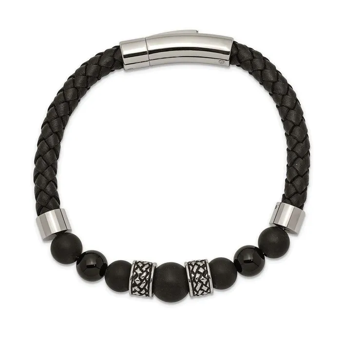 Bracelets Chisel Stainless Steel Antiqued and Polished Black Agate Leather 825in Bracelet Bracelets Chisel Stainless Steel Antiqued and Polished Black Agate Leather 825in Bracelet