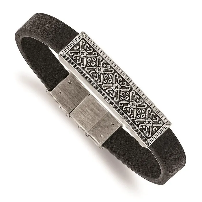 Bracelets Chisel Stainless Steel Antiqued Polished Black Leather w5in ext 8in Bracelet Bracelets Chisel Stainless Steel Antiqued Polished Black Leather w5in ext 8in Bracelet