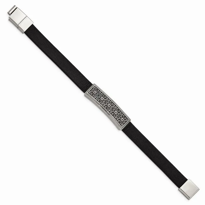 Bracelets Chisel Stainless Steel Antiqued Polished Black Leather w5in ext 8in Bracelet Bracelets Chisel Stainless Steel Antiqued Polished Black Leather w5in ext 8in Bracelet