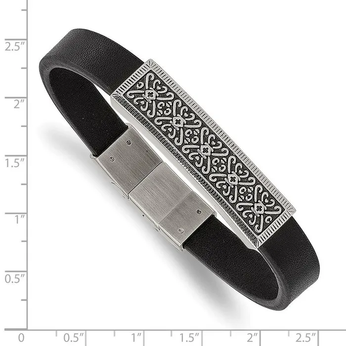 Bracelets Chisel Stainless Steel Antiqued Polished Black Leather w5in ext 8in Bracelet Bracelets Chisel Stainless Steel Antiqued Polished Black Leather w5in ext 8in Bracelet