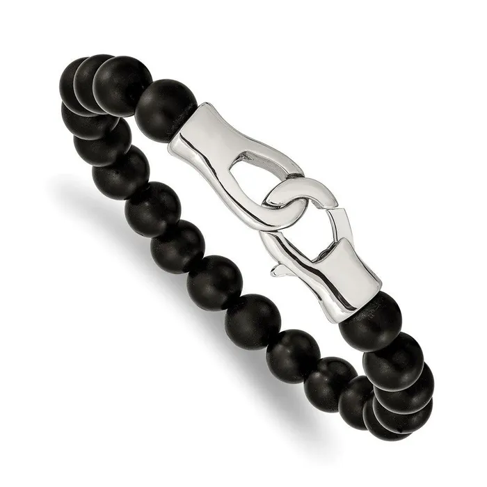 Bracelets Chisel Stainless Steel Polished Black Agate Beads 9in Bracelet
