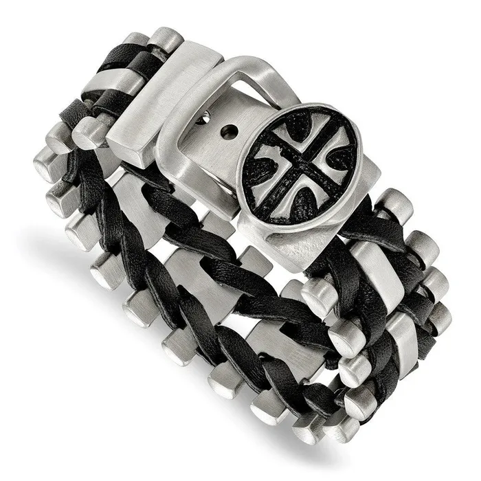 Chisel Bracelets Stainless Steel Brushed Antiqued Textured Adj Cross Blk Leather Bracelet Chisel Bracelets Stainless Steel Brushed Antiqued Textured Adj Cross Blk Leather Bracelet