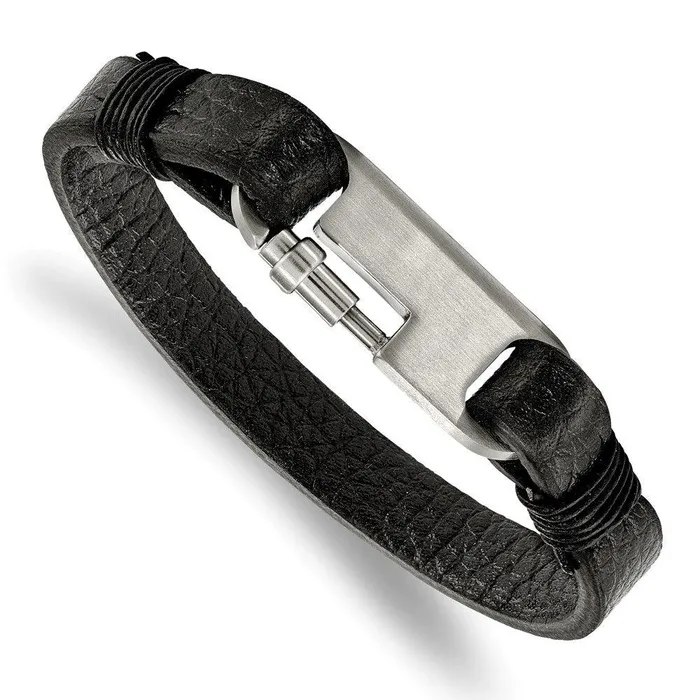 Chisel Bracelets Stainless Steel Brushed Black Genuine Leather 8in Bracelet Chisel Bracelets Stainless Steel Brushed Black Genuine Leather 8in Bracelet