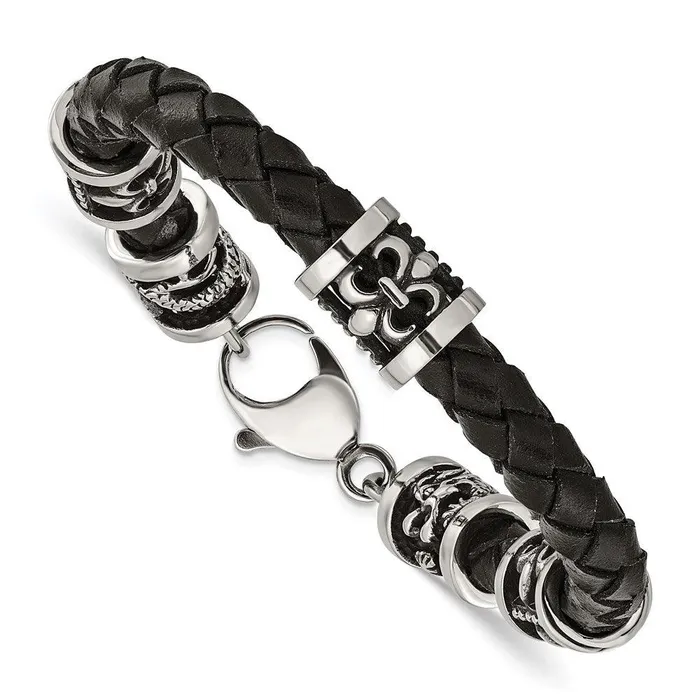 Chisel Bracelets Stainless Steel Polished Antiqued Fleur De LisDragon Blk Leather Bracelet Chisel Bracelets Stainless Steel Polished Antiqued Fleur De LisDragon Blk Leather Bracelet