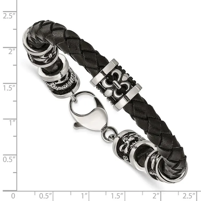 Chisel Bracelets Stainless Steel Polished Antiqued Fleur De LisDragon Blk Leather Bracelet Chisel Bracelets Stainless Steel Polished Antiqued Fleur De LisDragon Blk Leather Bracelet