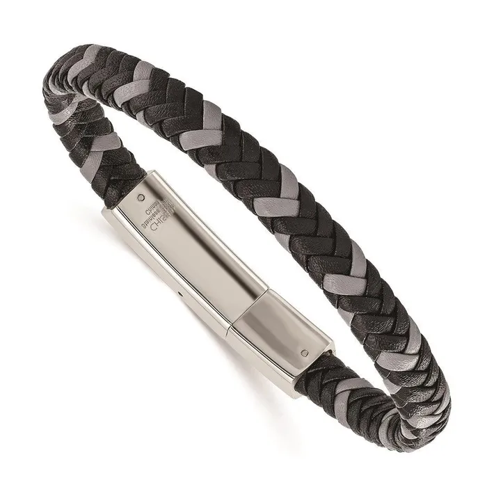 Chisel Bracelets Stainless Steel Polished Black and Grey Braided Leather 8in Bracelet Chisel Bracelets Stainless Steel Polished Black and Grey Braided Leather 8in Bracelet