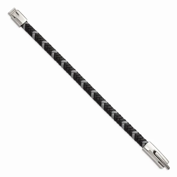Chisel Bracelets Stainless Steel Polished Black and Grey Braided Leather 8in Bracelet Chisel Bracelets Stainless Steel Polished Black and Grey Braided Leather 8in Bracelet