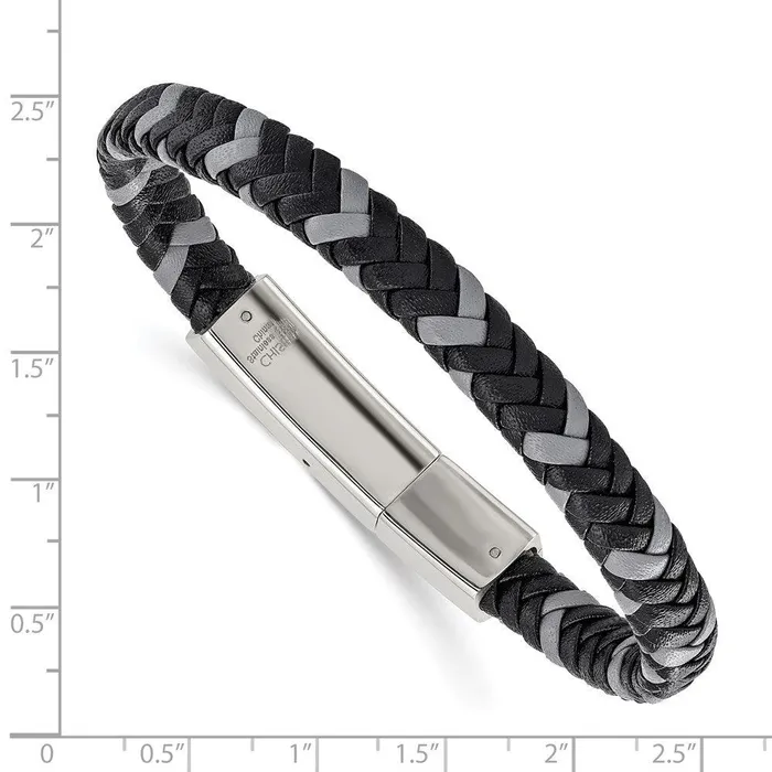 Chisel Bracelets Stainless Steel Polished Black and Grey Braided Leather 8in Bracelet Chisel Bracelets Stainless Steel Polished Black and Grey Braided Leather 8in Bracelet