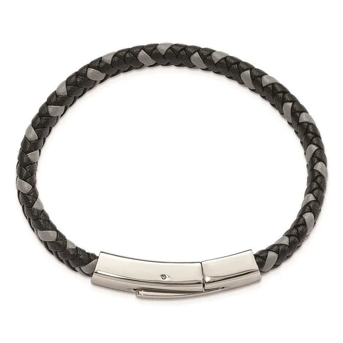 Chisel Bracelets Stainless Steel Polished Black and Grey Braided Leather 8in Bracelet Chisel Bracelets Stainless Steel Polished Black and Grey Braided Leather 8in Bracelet