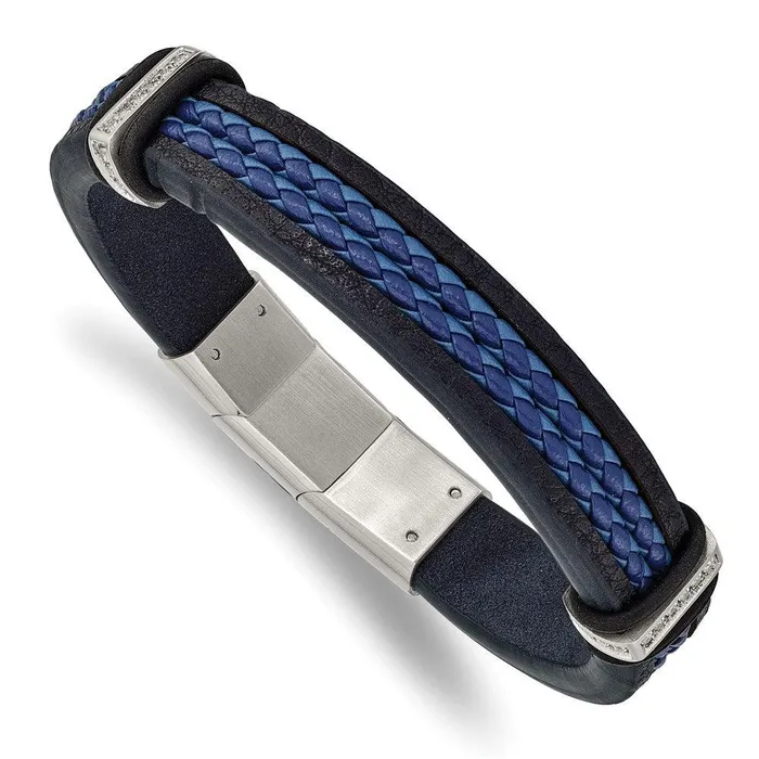 Chisel Bracelets Stainless Steel Polished Blue Leather wCZ 8in w5in ext Bracelet Chisel Bracelets Stainless Steel Polished Blue Leather wCZ 8in w5in ext Bracelet