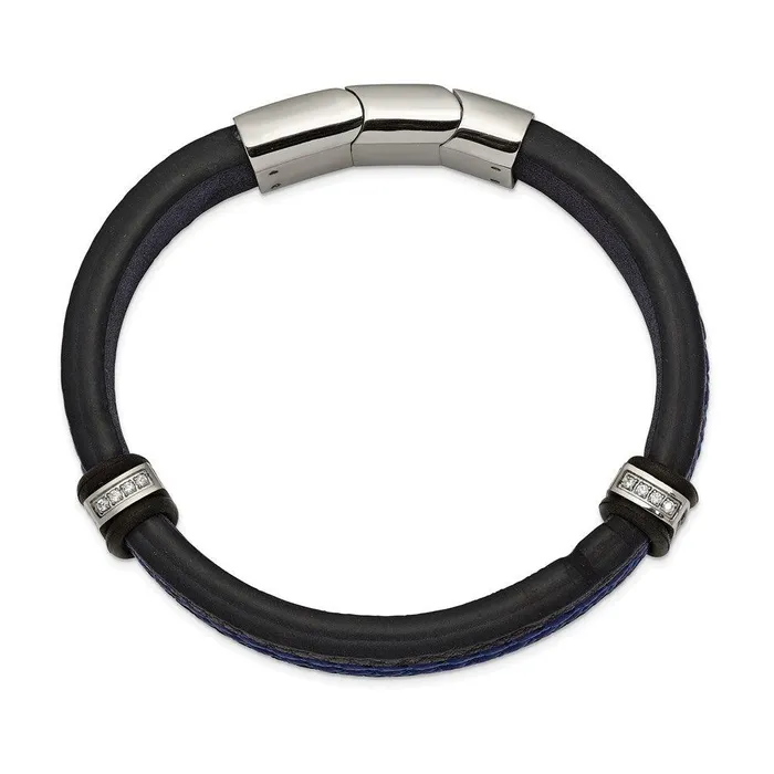 Chisel Bracelets Stainless Steel Polished Blue Leather wCZ 8in w5in ext Bracelet Chisel Bracelets Stainless Steel Polished Blue Leather wCZ 8in w5in ext Bracelet