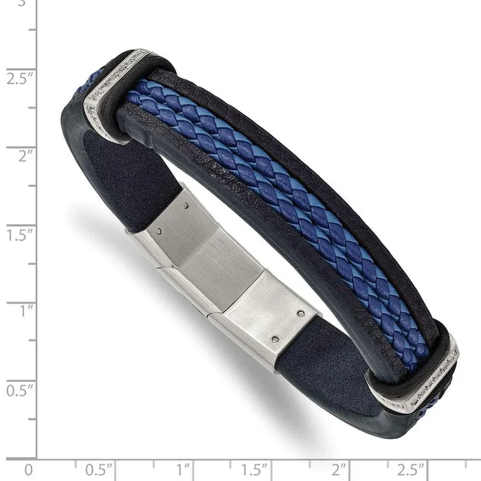 Chisel Bracelets Stainless Steel Polished Blue Leather wCZ 8in w5in ext Bracelet Chisel Bracelets Stainless Steel Polished Blue Leather wCZ 8in w5in ext Bracelet