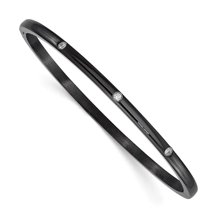 Chisel Bracelets Stainless Steel Polished CZ Black IPplated Bangle