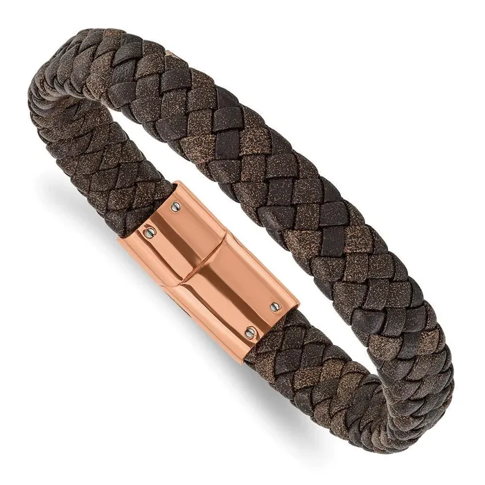 Chisel Bracelets Stainless Steel Polished Rose IP Braided Brown Leather Bracelet Chisel Bracelets Stainless Steel Polished Rose IP Braided Brown Leather Bracelet