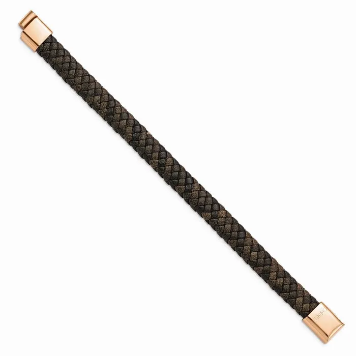 Chisel Bracelets Stainless Steel Polished Rose IP Braided Brown Leather Bracelet Chisel Bracelets Stainless Steel Polished Rose IP Braided Brown Leather Bracelet
