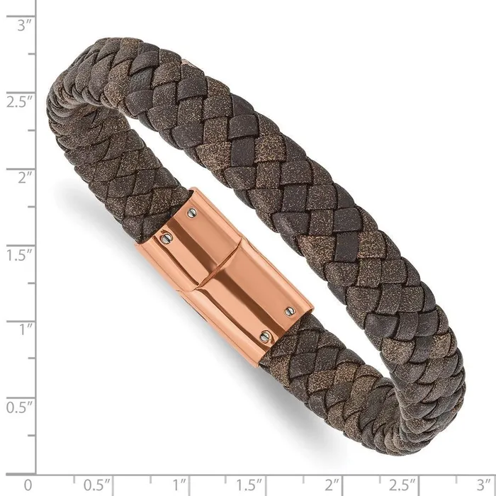 Chisel Bracelets Stainless Steel Polished Rose IP Braided Brown Leather Bracelet Chisel Bracelets Stainless Steel Polished Rose IP Braided Brown Leather Bracelet