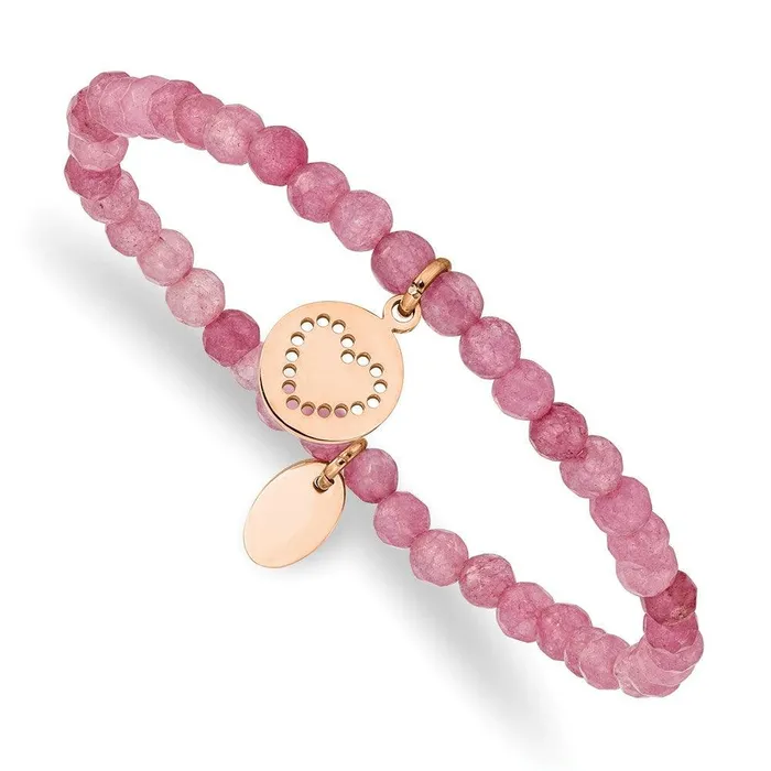 Chisel Bracelets Stainless Steel Polished Rose IPplated Heart Pink Jade Stretch Bracelet Chisel Bracelets Stainless Steel Polished Rose IPplated Heart Pink Jade Stretch Bracelet