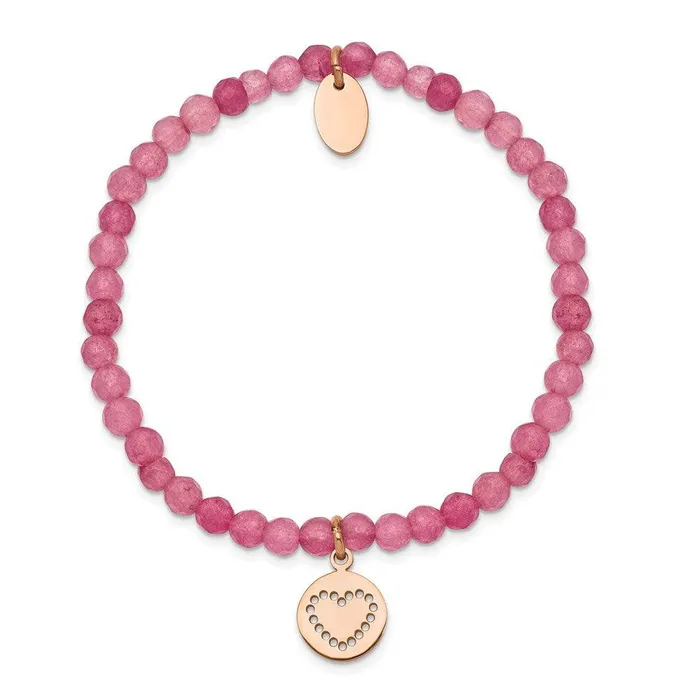 Chisel Bracelets Stainless Steel Polished Rose IPplated Heart Pink Jade Stretch Bracelet Chisel Bracelets Stainless Steel Polished Rose IPplated Heart Pink Jade Stretch Bracelet