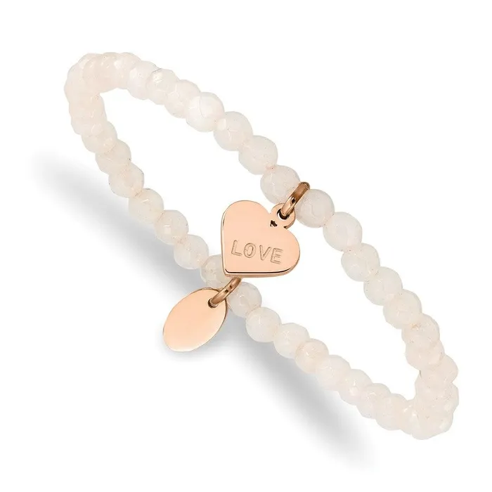 Chisel Bracelets Stainless Steel Polished Rose IPplated LOVE Heart Jade Stretch Bracelet Chisel Bracelets Stainless Steel Polished Rose IPplated LOVE Heart Jade Stretch Bracelet