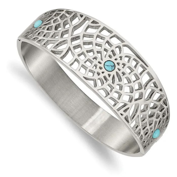 Chisel Bracelets Stainless Steel Polished with Reconstructed Turquoise Hinged Bangle