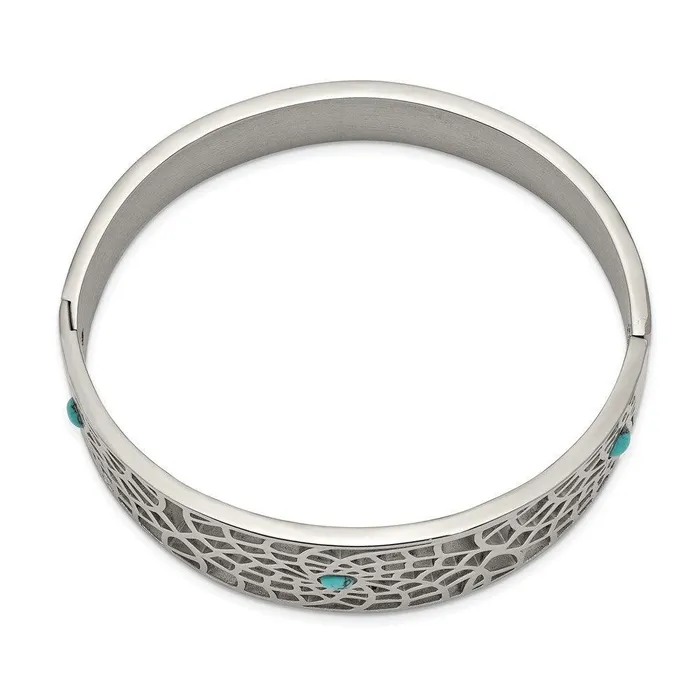 Chisel Bracelets Stainless Steel Polished with Reconstructed Turquoise Hinged Bangle Chisel Bracelets Stainless Steel Polished with Reconstructed Turquoise Hinged Bangle