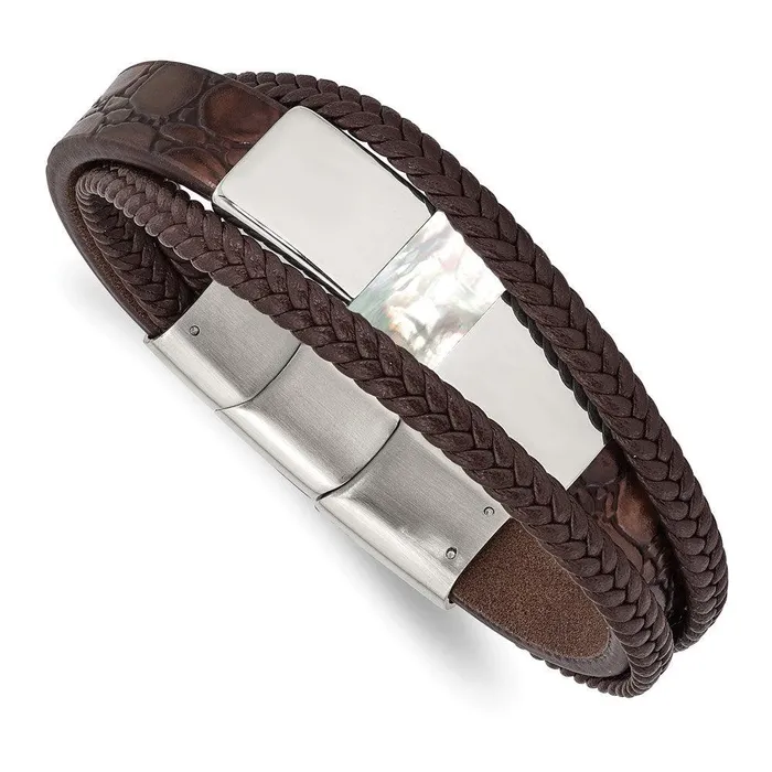 Chisel Bracelets Stainless Steel Polished with Shell Pearl Leather w5in ext 8in Bracelet Chisel Bracelets Stainless Steel Polished with Shell Pearl Leather w5in ext 8in Bracelet