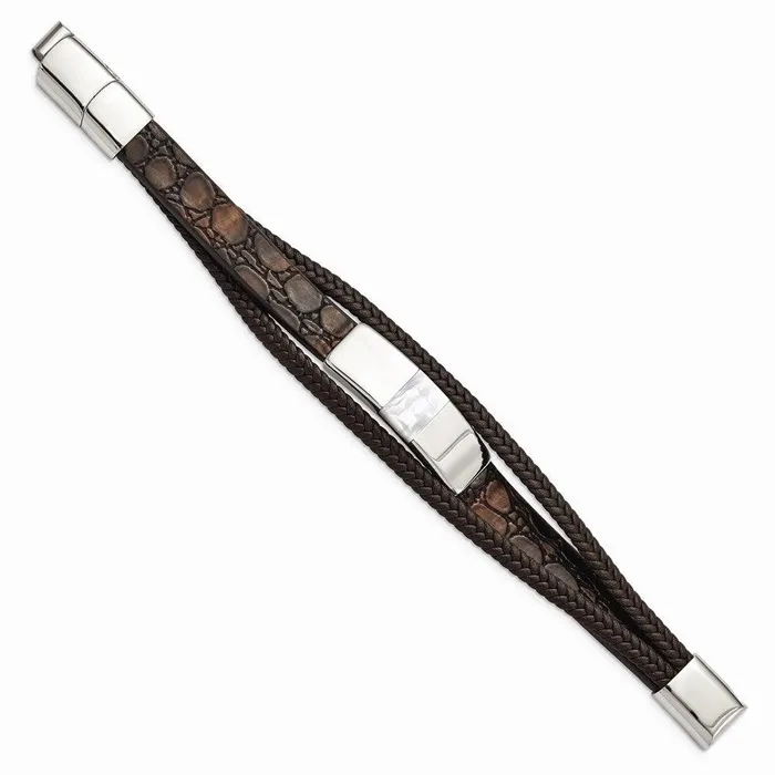 Chisel Bracelets Stainless Steel Polished with Shell Pearl Leather w5in ext 8in Bracelet Chisel Bracelets Stainless Steel Polished with Shell Pearl Leather w5in ext 8in Bracelet