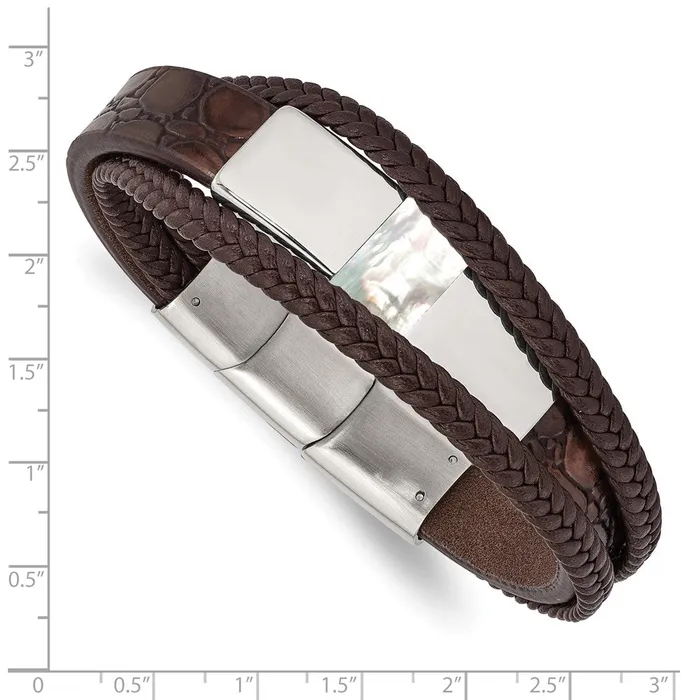 Chisel Bracelets Stainless Steel Polished with Shell Pearl Leather w5in ext 8in Bracelet Chisel Bracelets Stainless Steel Polished with Shell Pearl Leather w5in ext 8in Bracelet