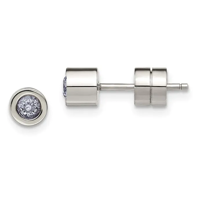 Chisel Earrings Stainless Steel CZ June Birthstone Polished Post Earrings